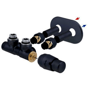 HS Twins - připojovací armatura pro středové připojení 50 mm s termostatickou hlavicí napravo, pro CU 15x1, KOMPLETNÍ SADA S KRYCÍMI TRUBIČKAMI A RŮŽICEMI, černá